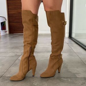 Tan suede knee high boot heels